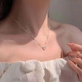 925 Sterling Silver Pink Heart Crystal Pearls Necklace