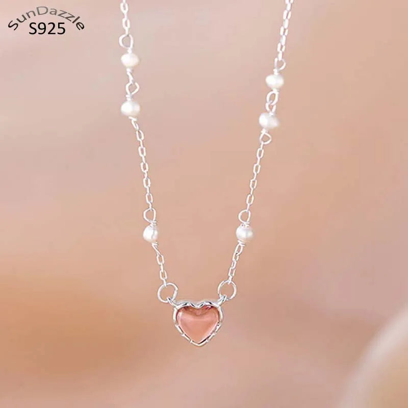 925 Sterling Silver Pink Heart Crystal Pearls Necklace