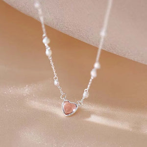 925 Sterling Silver Pink Heart Crystal Pearls Necklace