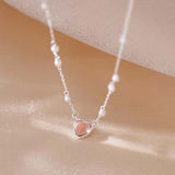 925 Sterling Silver Pink Heart Crystal Pearls Necklace