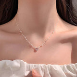 925 Sterling Silver Pink Heart Crystal Pearls Necklace