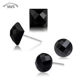 925 Silver Stud Earrings Square Round Stone Men Women Jewelry Male Female