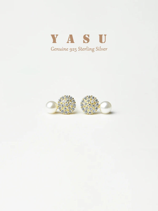 S925 Silver Pearl Stud Earrings Crystal French Design