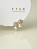 S925 Silver Pearl Stud Earrings Crystal French Design