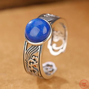 S925 Sterling Silver Rings Lapis Lazuli Hollow Spindrift Adjustable Ring