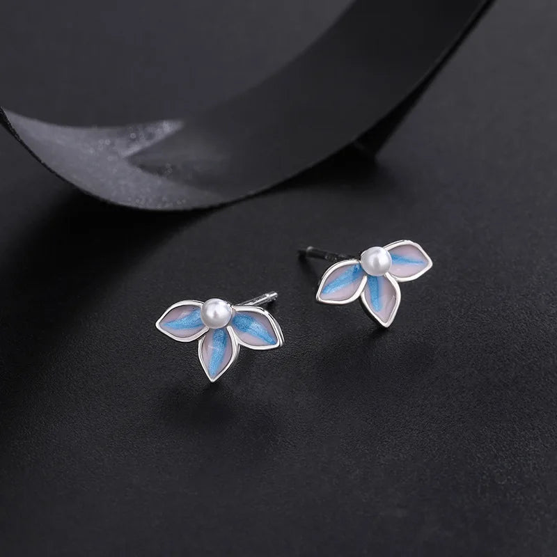 S999 Silver Oil Dripping Flower Earrings for Women Fine Jewelry
