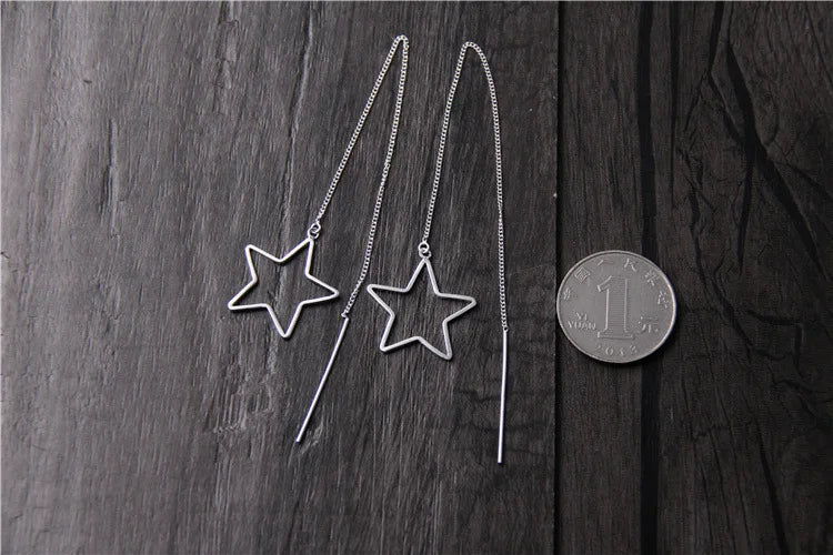 925 Sterling Silver Pentagram Drop Earrings 115mm Long