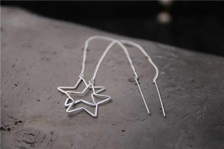 925 Sterling Silver Pentagram Drop Earrings 115mm Long