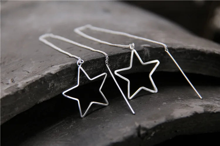 925 Sterling Silver Pentagram Drop Earrings 115mm Long