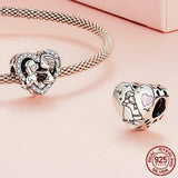 Silver S925 Little Girl with Dog Heart Charm Pink Crystal