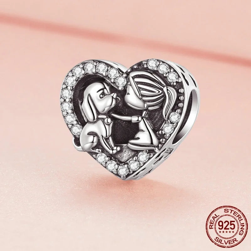 Silver S925 Little Girl with Dog Heart Charm Pink Crystal