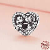Silver S925 Little Girl with Dog Heart Charm Pink Crystal