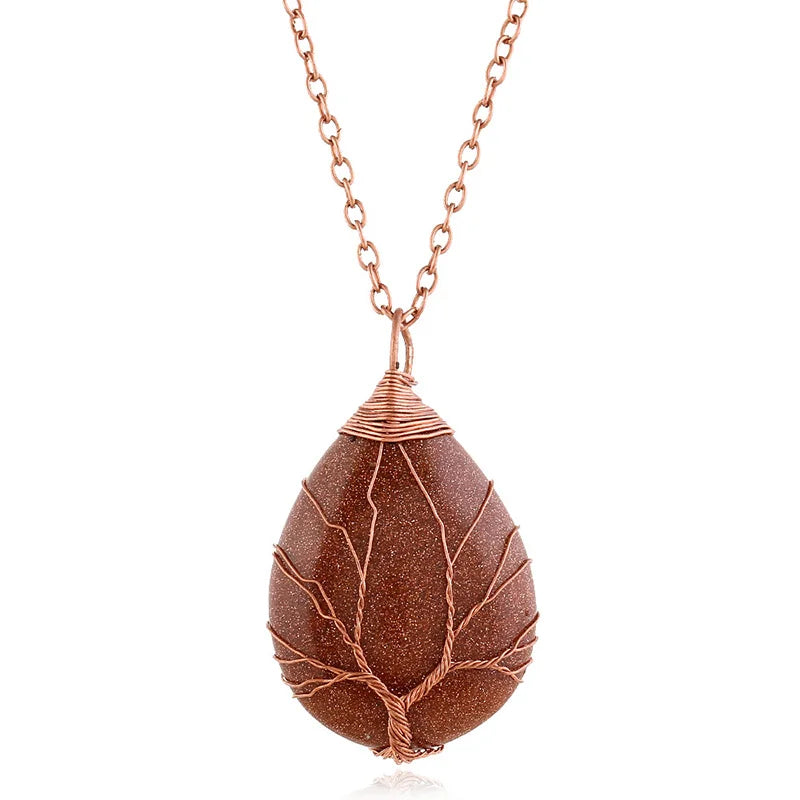 Stone Wrapped Pendant Teardrop Shape Life Tree Copper Wire Wrapped Pendant