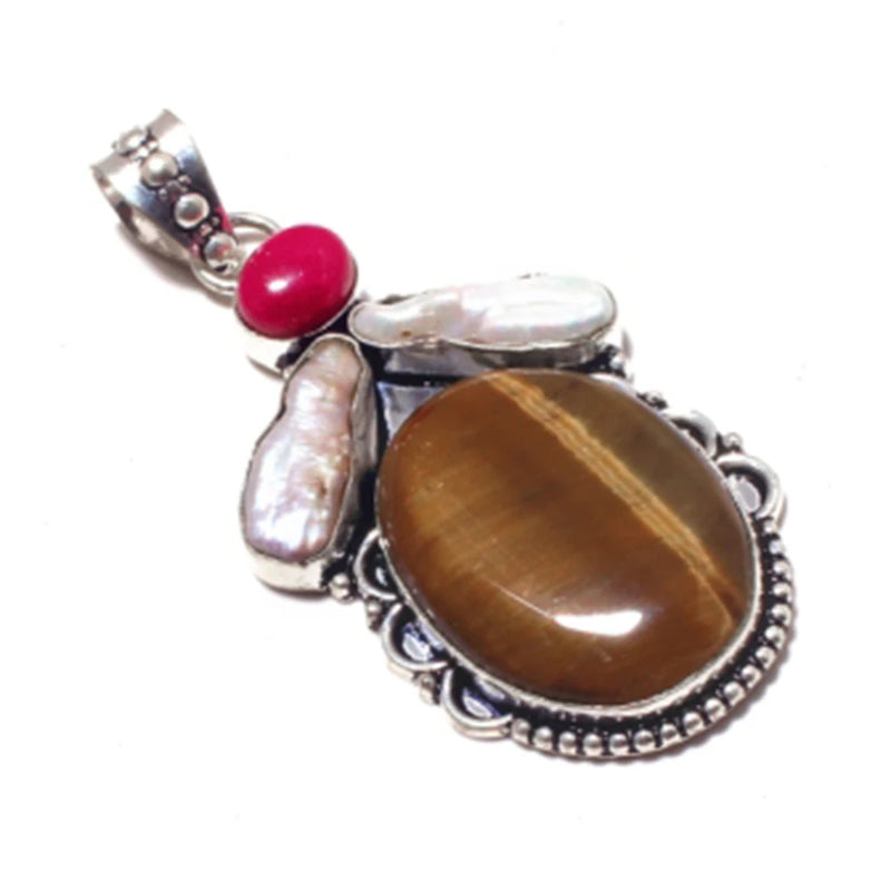 Tiger Eye Biwa Pearl Coral Pendant Silver Overlay Copper Hand Women Jewelry