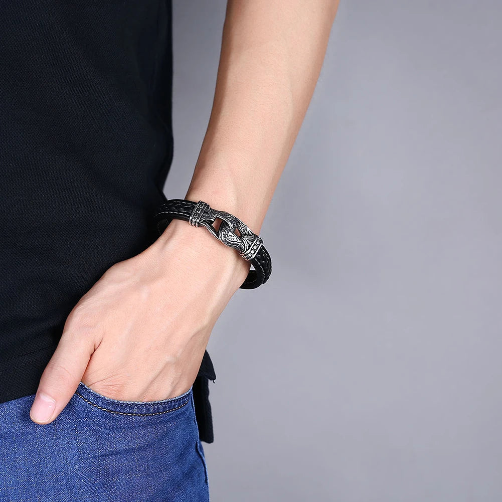 Weave Chain Leather Bracelet Men's Stainless Steel Magnetic Clasp