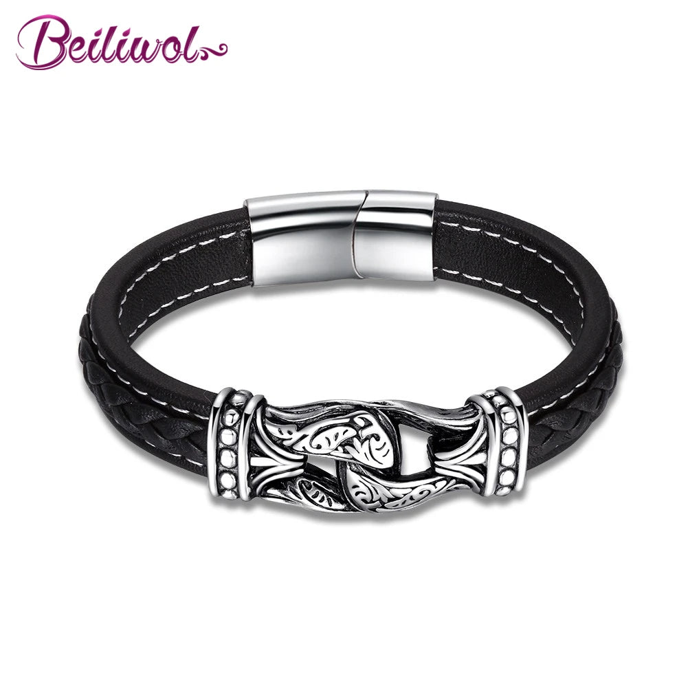 Weave Chain Leather Bracelet Men's Stainless Steel Magnetic Clasp
