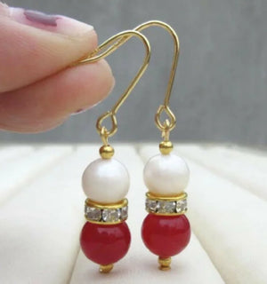 Pearl & Red Jade Bead Earrings