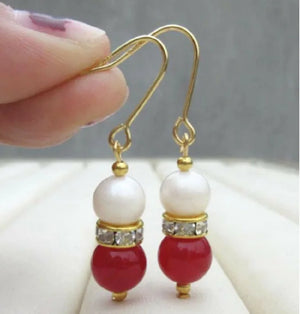 Pearl & Red Jade Bead Earrings