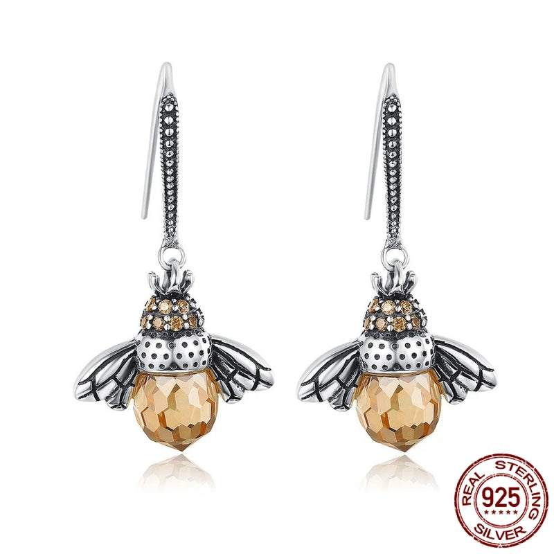 925 Sterling Silver Bee Drop Earrings with Crystal Accents
