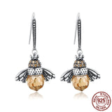 925 Sterling Silver Bee Drop Earrings with Crystal Accents