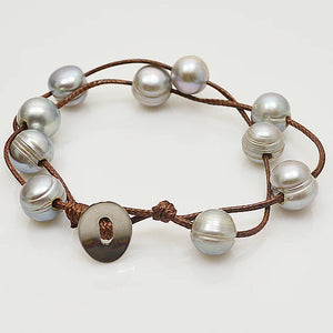 Gray Freshwater Pearl Bracelet Necklace on Brown Rope Jewelry