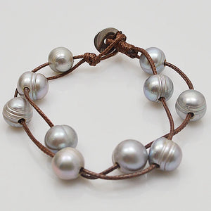 Gray Freshwater Pearl Bracelet Necklace on Brown Rope Jewelry