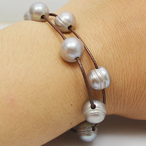Gray Freshwater Pearl Bracelet Necklace on Brown Rope Jewelry