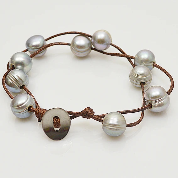 Gray Freshwater Pearl Bracelet Necklace on Brown Rope Jewelry