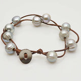 Gray Freshwater Pearl Bracelet Necklace on Brown Rope Jewelry