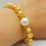 Champagne Baroque Freshwater Pearl Bracelet Rhinestone Shell Elastic