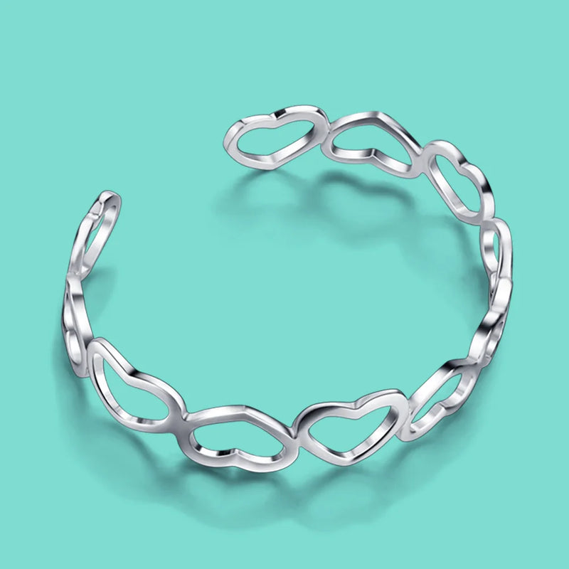 925 Silver Bracelet Women's Heart Bangle Adjustable Size Fine Jewelry