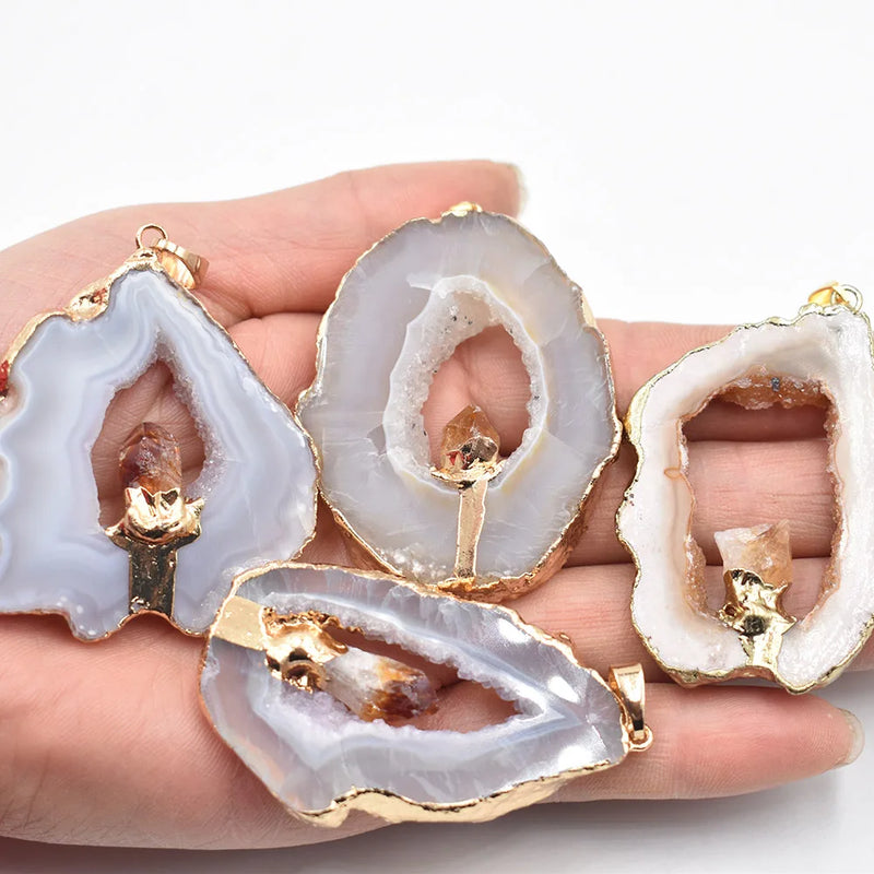 Geode Agates Slice Pendants Yellow Crystal Point Stone Quartzs Jewelry 4PCS