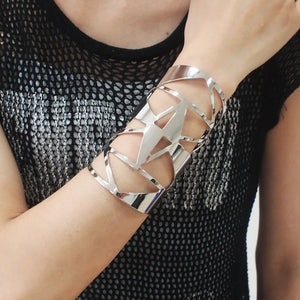 Geometric Alloy Cuff Bracelet Wide Open Decorated Hollow Out Metal Bangles