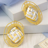 Geometric Hollow Oval Clip Earrings 24K Silver Plated Bridal Jewelry