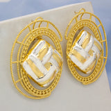 Geometric Hollow Oval Clip Earrings 24K Silver Plated Bridal Jewelry