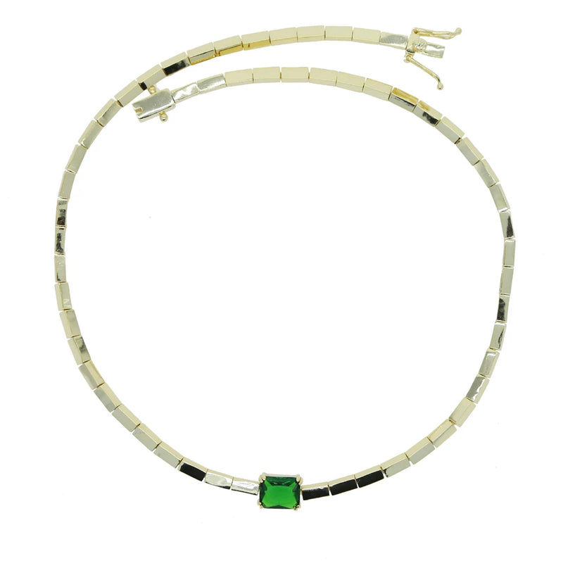 Green CZ Rectangle Beaded Chain 16in Necklace