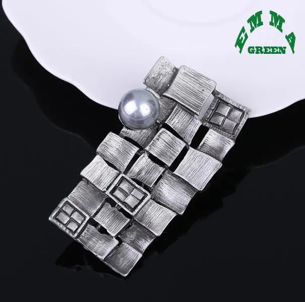 Geometric Grid Plaid Brooches Pearl 30x65mm Vintage Jewelry For Girls Kids