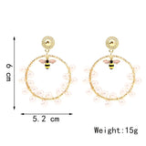 Geometric Pearl Insect Bee Hoop Earrings Round Beaded Alloy Jewelry