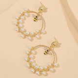 Geometric Pearl Insect Bee Hoop Earrings Round Beaded Alloy Jewelry