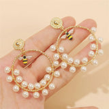 Geometric Pearl Insect Bee Hoop Earrings Round Beaded Alloy Jewelry