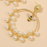 Geometric Pearl Insect Bee Hoop Earrings Round Beaded Alloy Jewelry