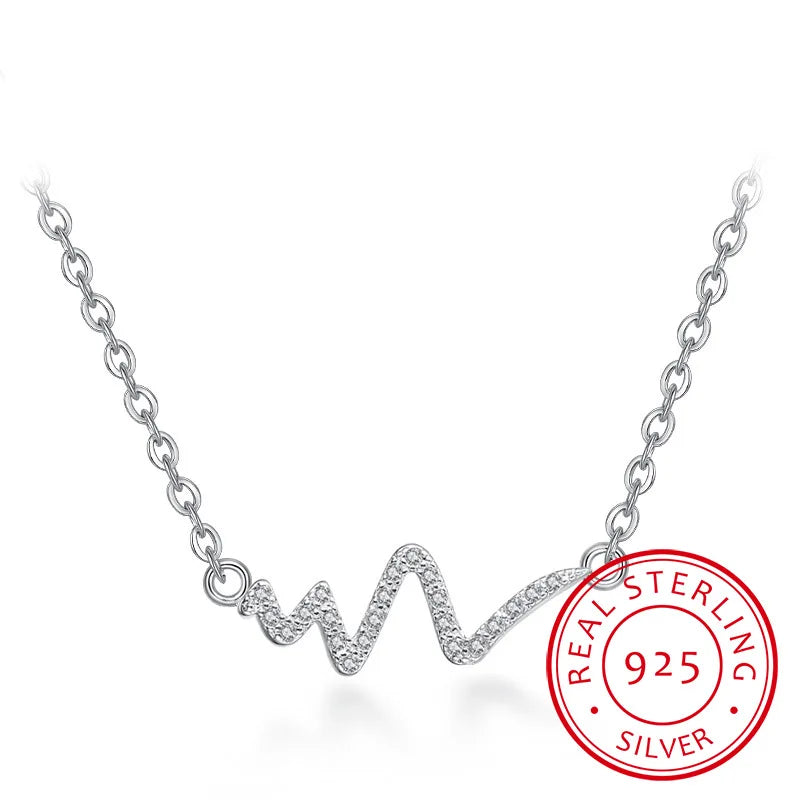 Geometric Heartbeat Pendant Necklace 925 Sterling Silver For Women
