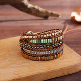 Geometric Hematite Leather Wrap Bracelet Crystal Beads
