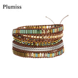 Geometric Hematite Leather Wrap Bracelet Crystal Beads
