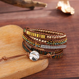 Geometric Hematite Leather Wrap Bracelet Crystal Beads