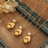 Geometric Pearl Pendant Cuban Link Necklace Stainless Steel