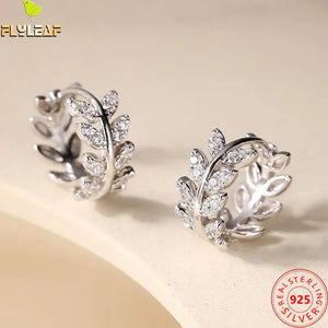 Geometric Leaves 9925 Silver Hoop Earrings Zircon Earings Jewelry