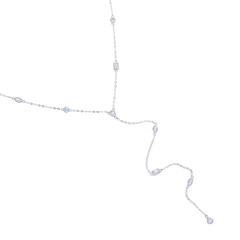 Geometric CZ Station Link Chain Y Lariat 925 Sterling Silver Necklace
