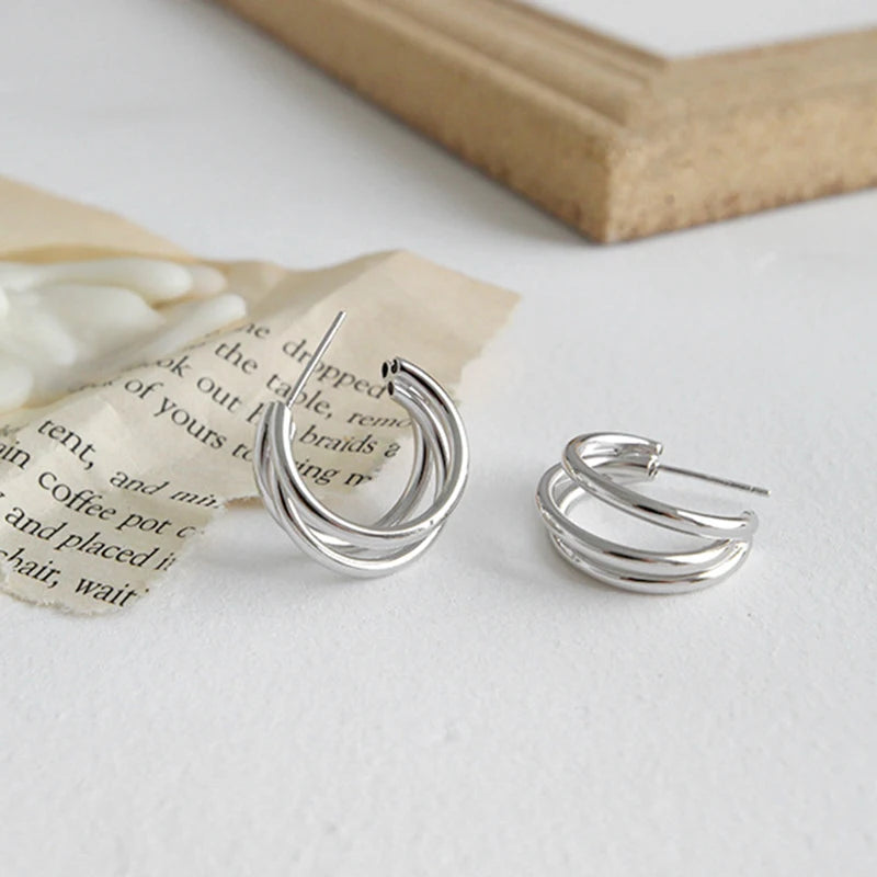 Geometric Multilayer Semi Circles Tube Stud Earrings in 925 Sterling Silver