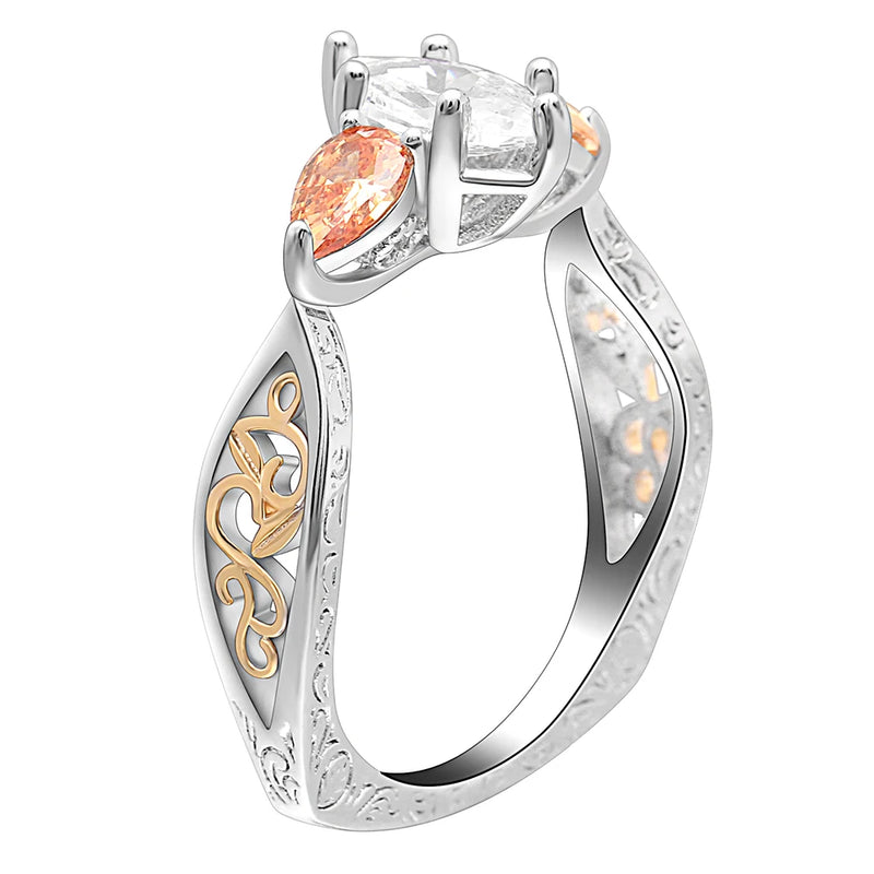Orange Zircon Water Drop Ring Silver Flower Jewelry